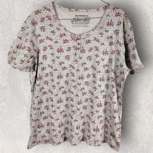 Vintage St John's Bay Women's L Short Sleeve Top - Red Roses & Cursive - DAMAGED